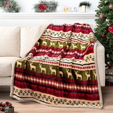 PAVILIA Premium Christmas Sherpa Throw Blanket, Green Red Cabin Design with R...