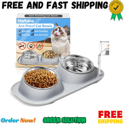 Ant Away Stainless Steel Elevated Cat Bowls with Stand - Tilted Anti Vomiting