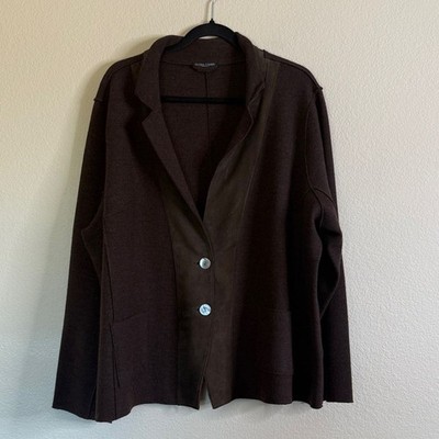 Eileen Fisher felted merino double knit lamb leather trim brown jacket