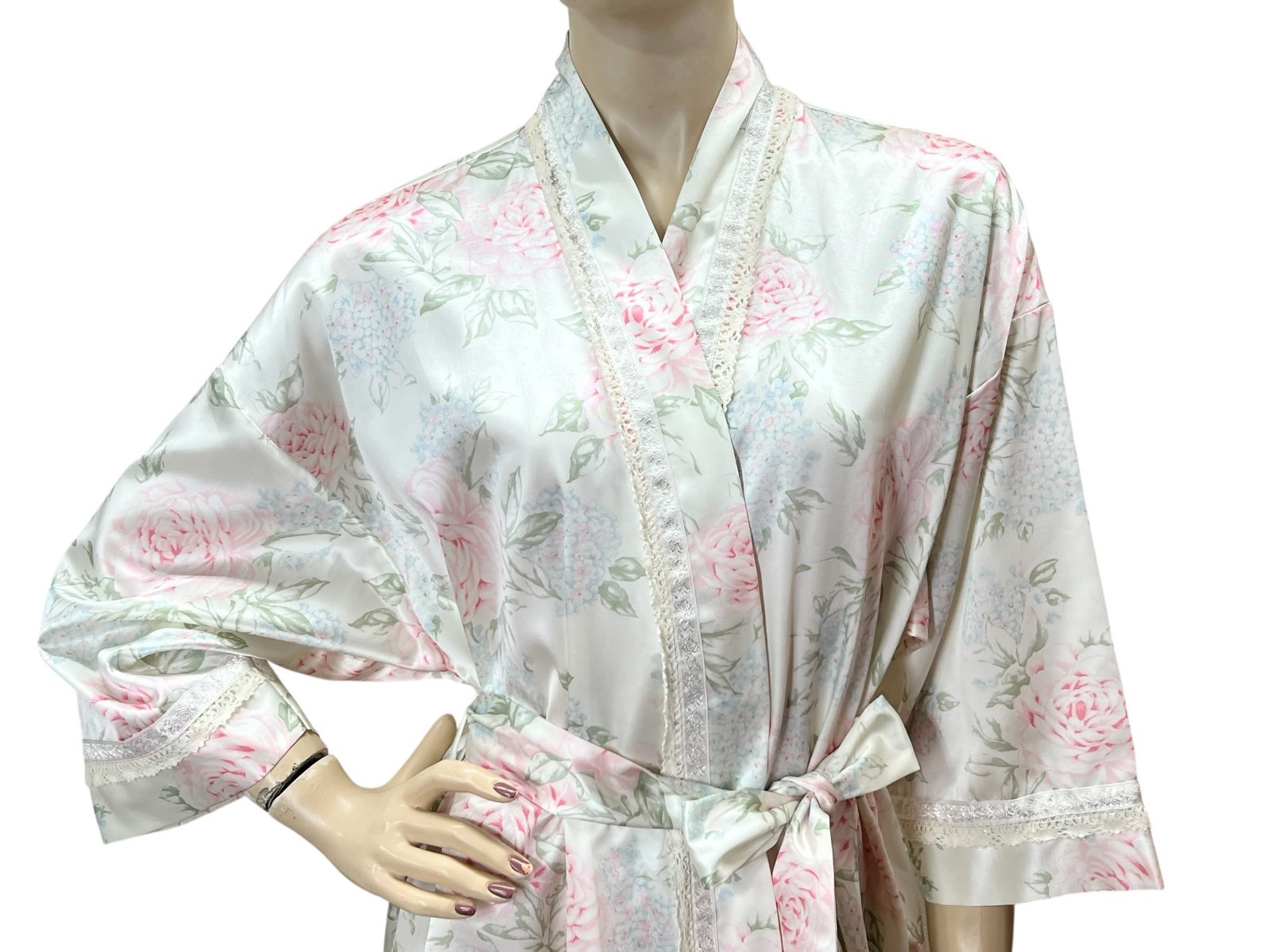 Sz S Vtg CHRISTIAN DIOR Wrap Robe Tie Belt Pockets Cream Pink Blue Floral thumbnail 14