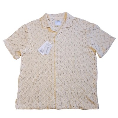 Cactus Man Mens Large Sweater Knit Crochet Cream Short Sleeve Button Down