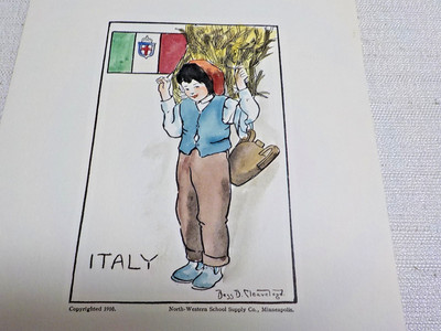 Antique Bess B Cleaveland Signed Hand Drawn Water color 1910 Print Italy Boy