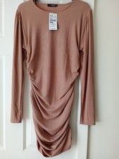 Women's Quiz Beige Ribbed Ruched Bodycom Dress Size 16 BNWT