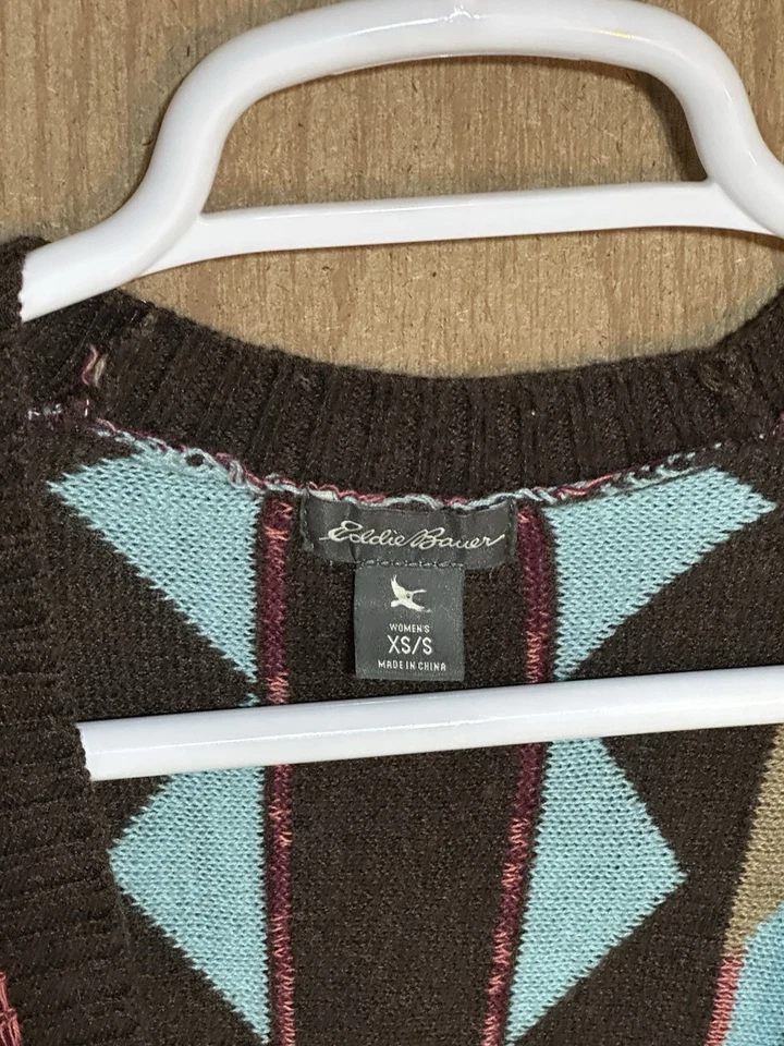 Eddie Bauer Womens Brown Geometric Poncho Wrap Sweater Western Wool Blend Sz XS - Image 2 of 2