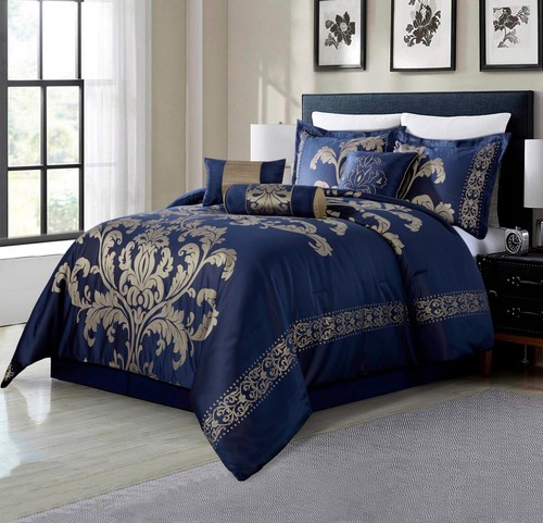 7-Piece Jacquard Floral Comforter Set (King, Navy/Gold)