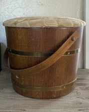 Antique Primitive Wooden Firkin Bucket Bentwood Handle Fabric Cushioned Lid