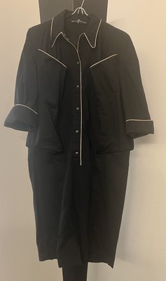 Thierry Mugler Vintage Black Cotton Poplin Dress With Ecru Piping 