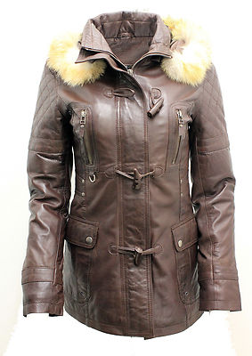 Damen Abnehmbarer Kapuze Gesteppt Braunes Leder Parkajacke