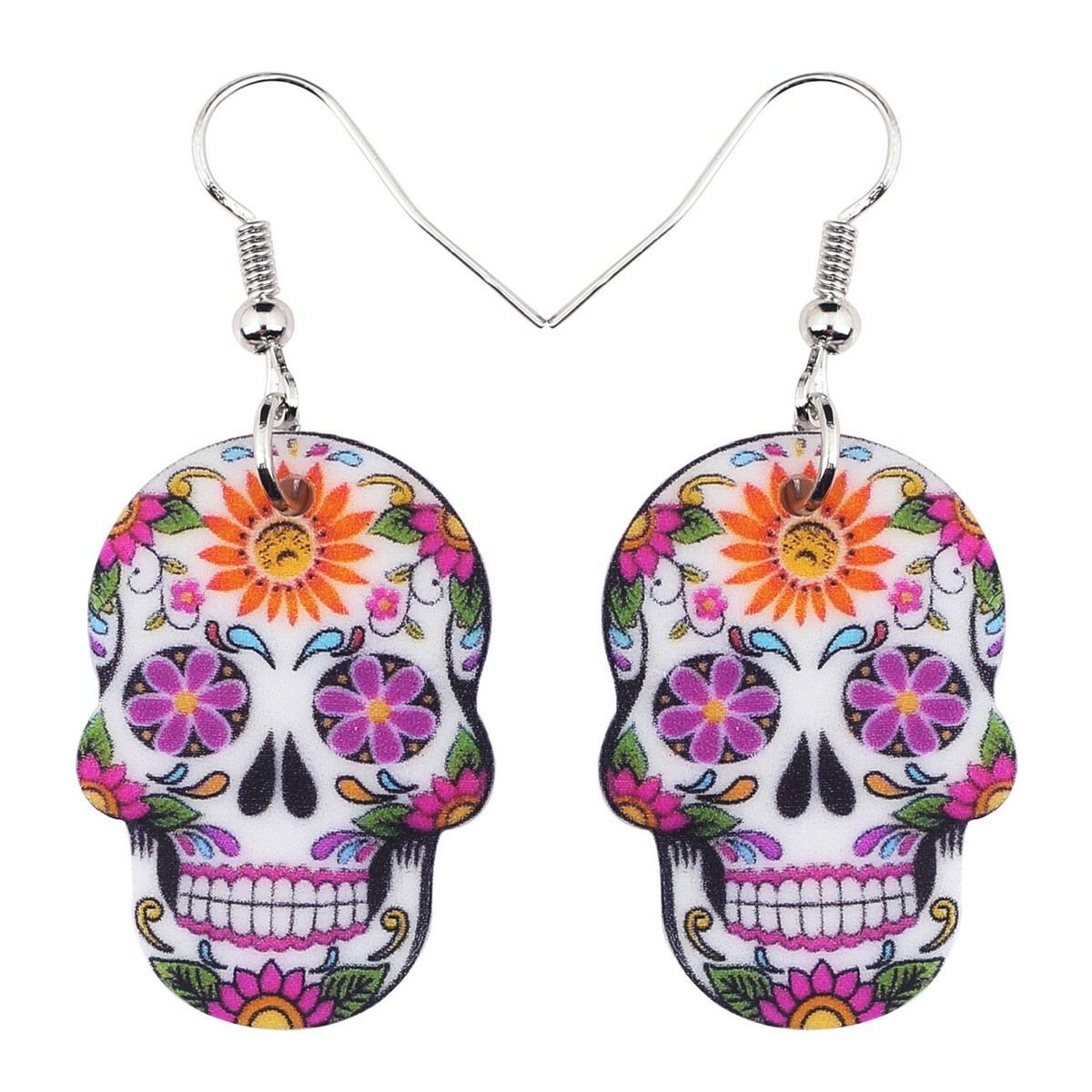 Halloween Acrylic Sugar Skull Earrings – Floral Butterfly Punk Dangle Earrings For Women, Spooky Novelty Jewelry - View #2