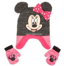 Disney Minnie Mouse Girl Gray Pink 3D Ear Bow Winter Earflap Ski Hat Mitten Set