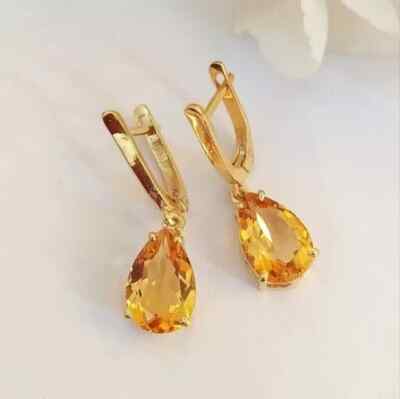 Drop Yellow Citrine Earrings 3.77Ct Pear Cut Lab-Created 14K White Gold Plated