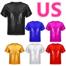Kids Girls Boys Shiny Metallic T-Shirt Modern Dance Shirt Performance Costume