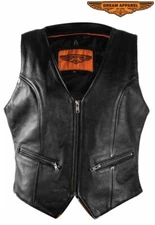 Women's Motorcycle Leather Vest, Black - Zip Closure XS,S,M,L,XL,2XL,3XL,4XL,5XL