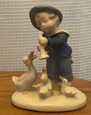 Lippelsdorf GDR Porcelain Boy With Horn & Ducks Figurine Vintage Germany