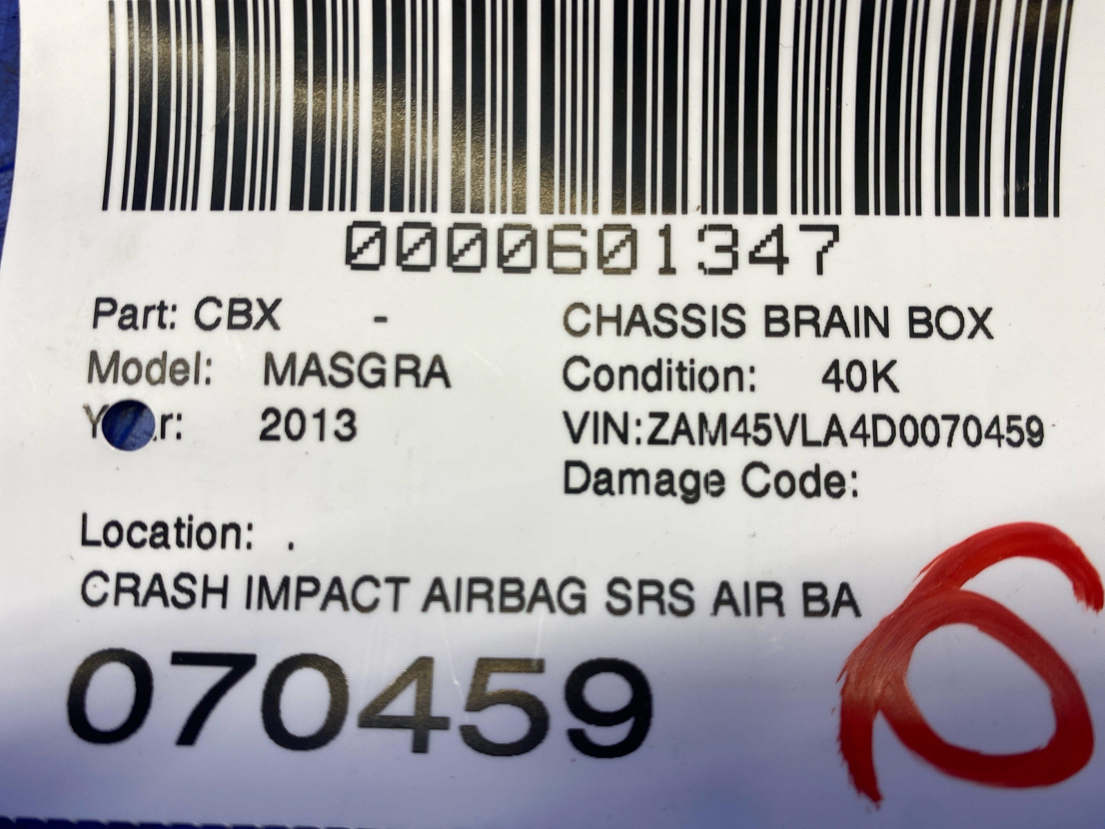 2008-2014 MASERATI GRANTURISMO CRASH IMPACT AIR SRS BAG CONTROL MODULE 215340