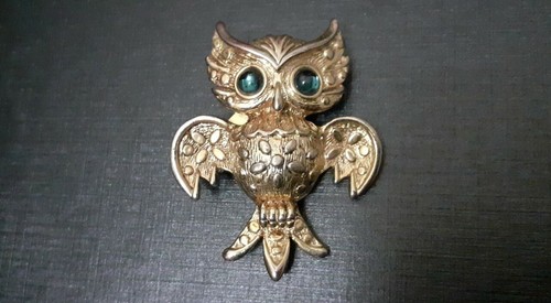 Broche Ancienne Chouette/hibou Stylisé - Métal Doré Ajouré Avec Strass - Vintage XXème Siècle