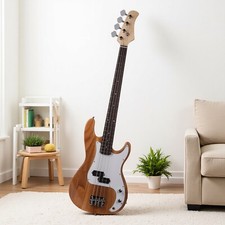 4-String Beginner Electric Bass Guitar Set - P-Style Amp P-Pickup Bag Natural