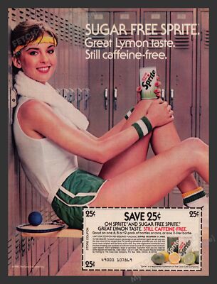 Sprite 1980s Print Advertisement Ad 1983 Sugar Free Woman Squash Player Soda Pop