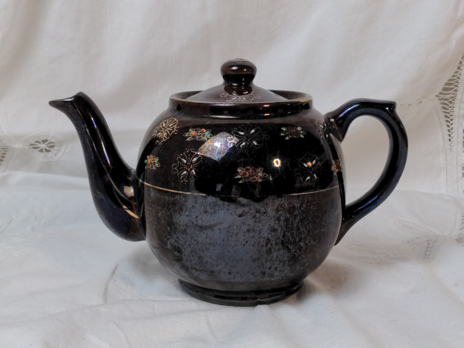 Vintage Brown Betty Redware Teapot Hand Painted Moriage Style /Lid Made in Japan eBay