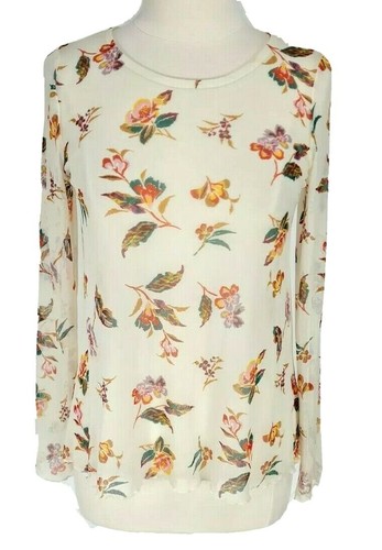 Love Five Net Floral Ivory Fitted Blouse Crew Neck Women Size M Stretch