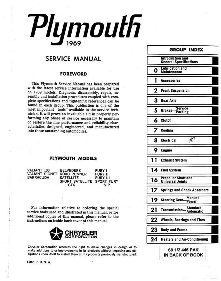 Plymouth Fury Belvedere 1969 taller satélite manual de reparación libro guía OEM Foto 2 de 4
