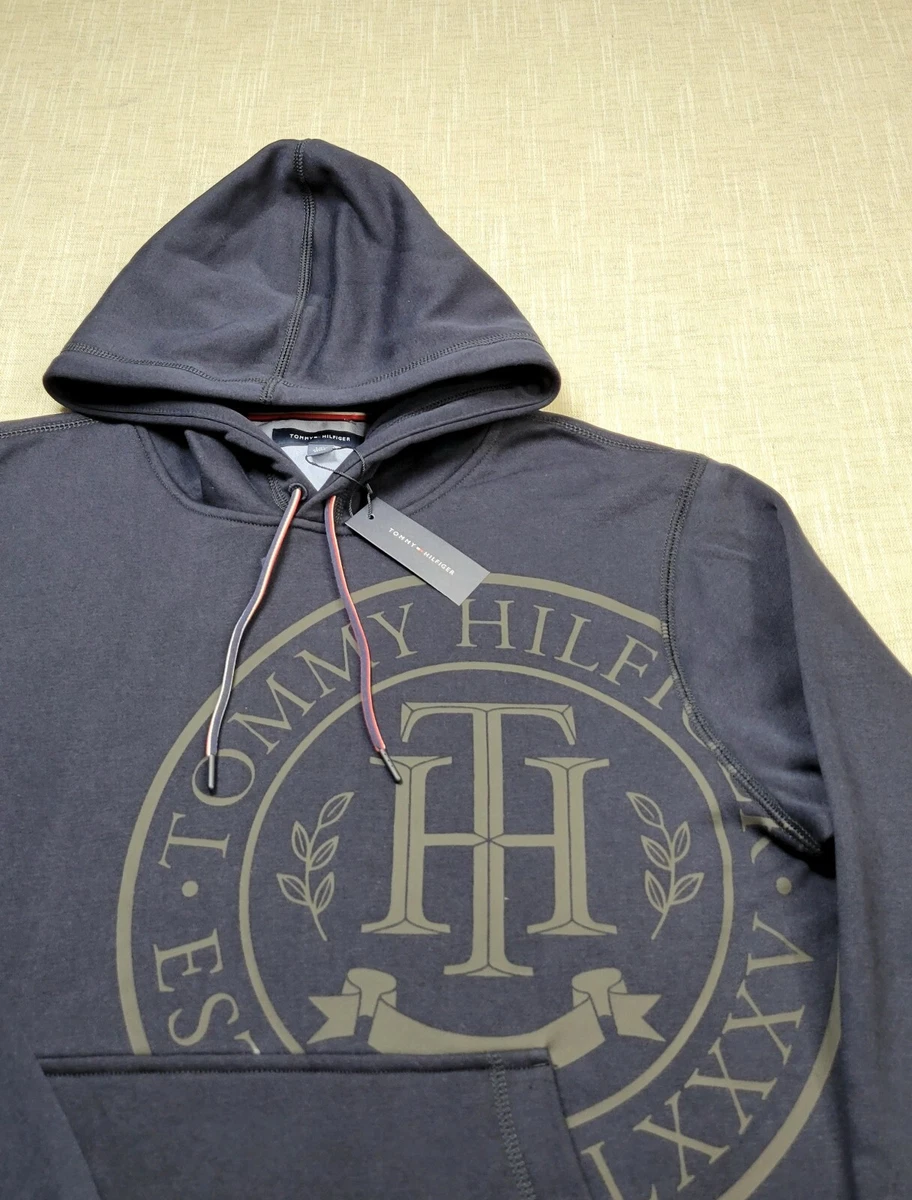 Tommy Hilfiger Hoodie Large Mens Crest Navy Blue Gray Logo Fleece Sweatshirt
