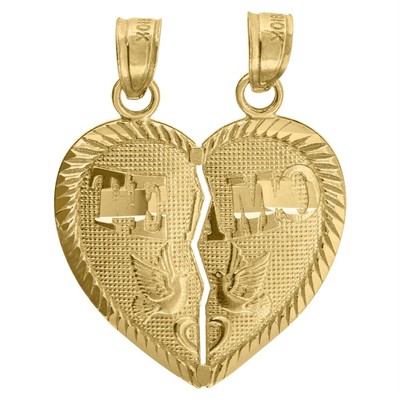 10k Yellow Gold Diamond-Cut Te Amo Broken Heart Peace Charm Pendant 1.5gm