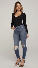 Good American New Size 2 Black Micro Rib Cotton Long Sleeve Bodysuit