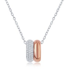 Classic Women's Necklace Sterling Silver Two Tone Rose GP Micro Pave Double Oval