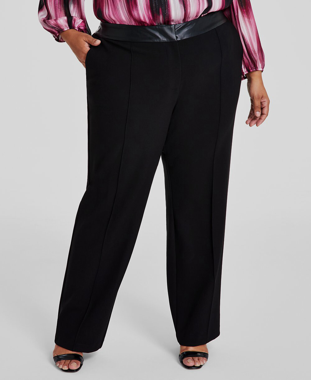 Calvin Klein Womens Black High-Rise Faux Leather Waist Pants Plus Size 24W