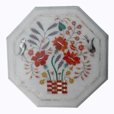 12" Marble Table Top Pietra dura​ Carnelian Inlay Handmade Work Home Decor