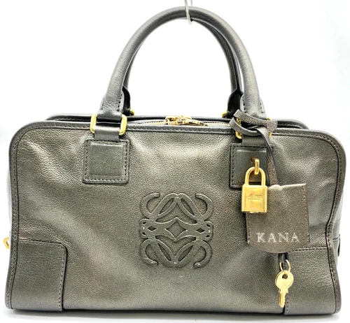 Auth LOEWE Amazona 28 Dark Grey Leather Mini Boston Bag Handbag NS050920