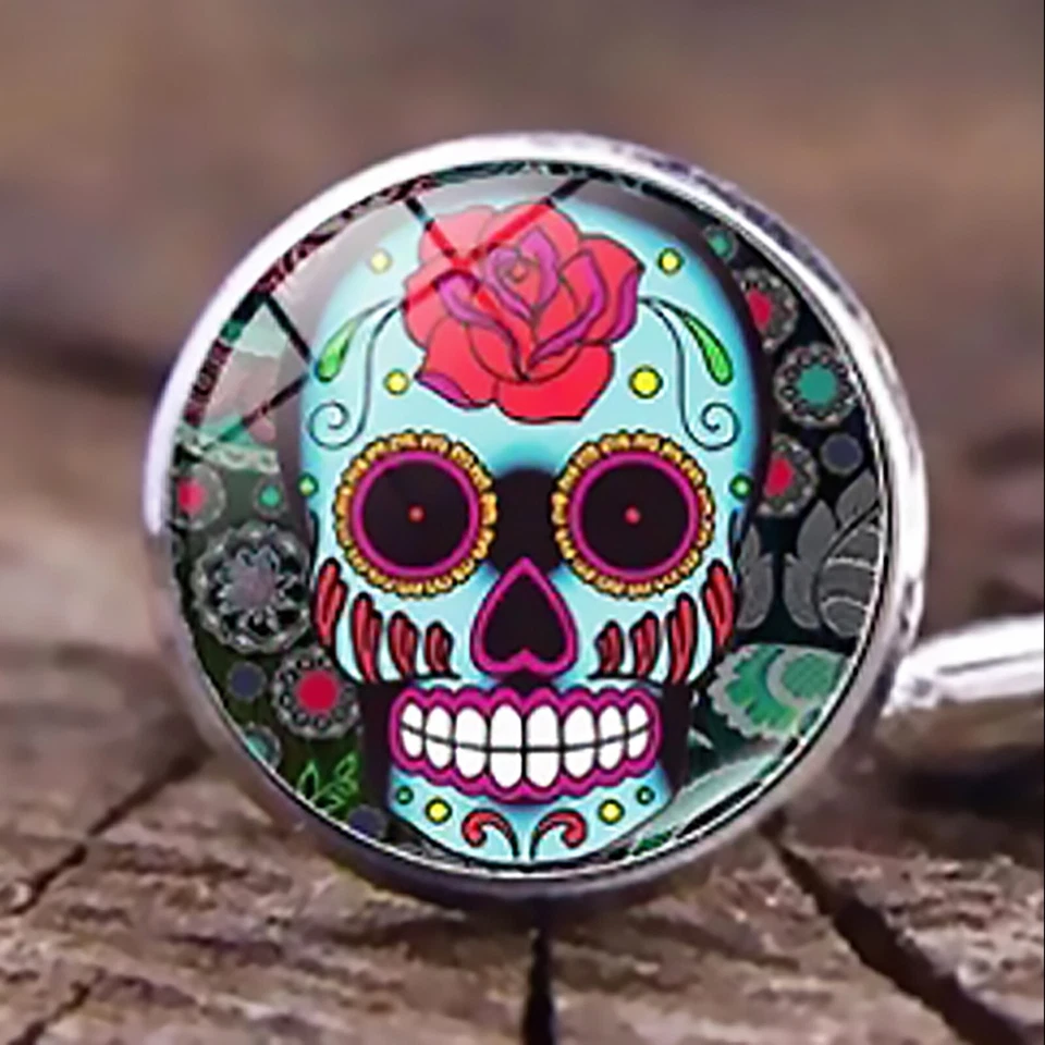 Day of the Dead Cufflinks, Sugar Skull Cuff Links, Skull Cufflinks for Men - Image 2 of 4