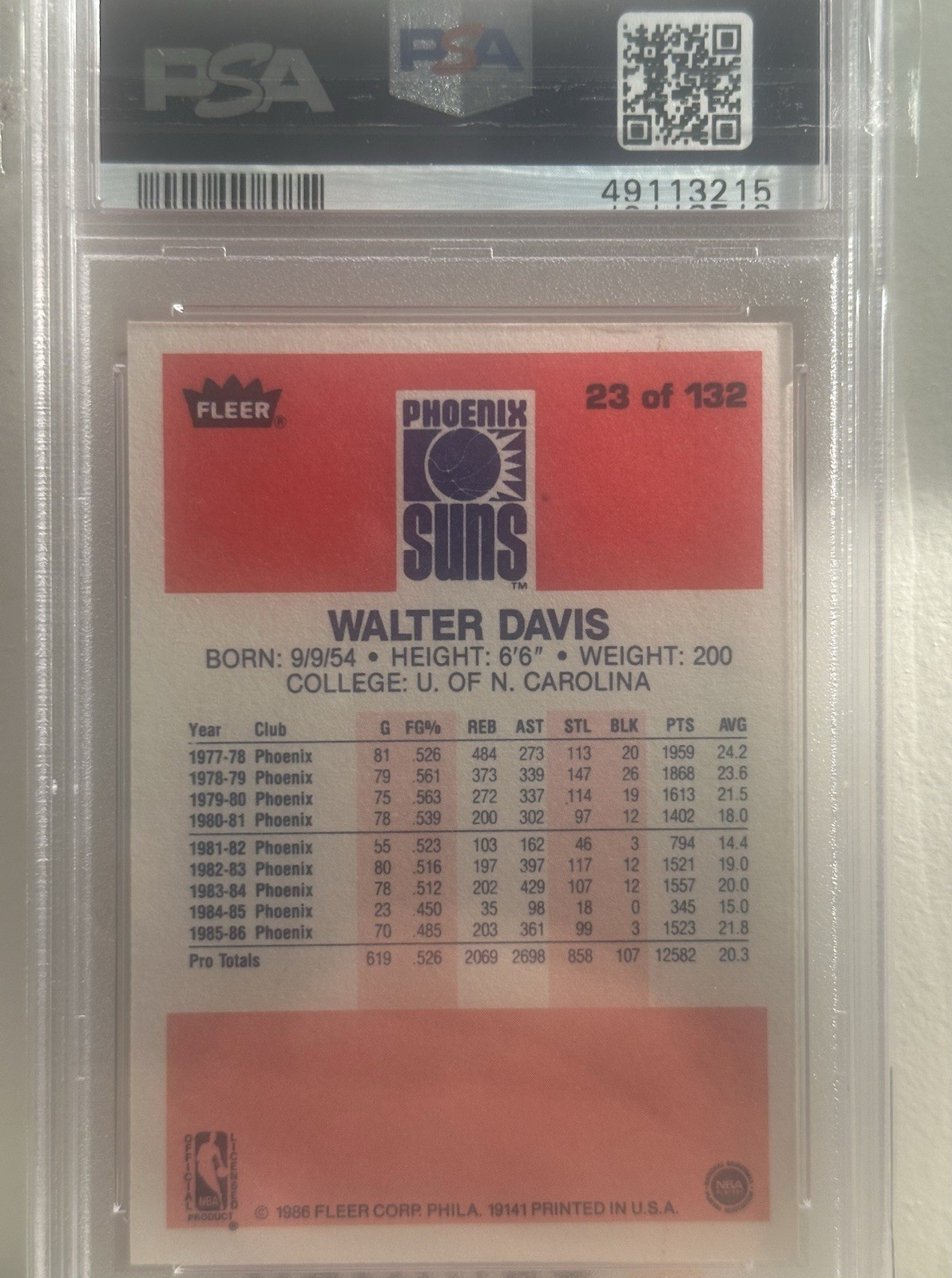 1986 Fleer Walter Davis #23 PSA 7 NM Phoenix Suns Vintage Basketball Card view 2