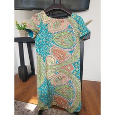 Talbots Silk Paisley Shift Dress Turquoise Green Coral Short Sleeve Size 6