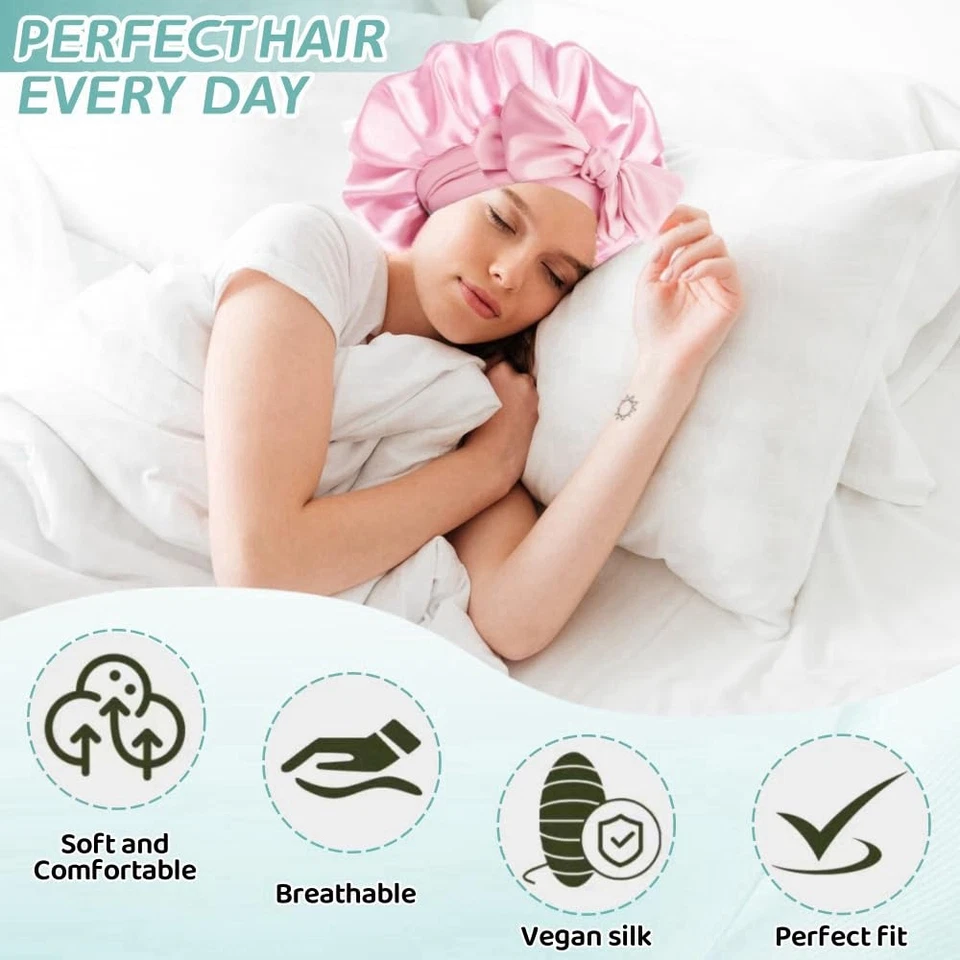 Women Satin Bonnet Night Sleep Cap Hair Hat Silk Head Cover Wide Elastic Band - Image 3 of 4