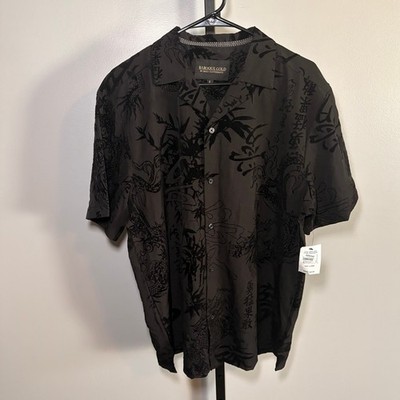 Men's BAROQUE GOLD Black Dragon Print Casual Button Down Shirt L