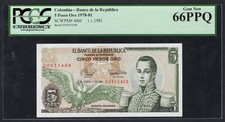 Colombia 5 Pesos Oro 1-1-1981 P406f Uncirculated Grade 66