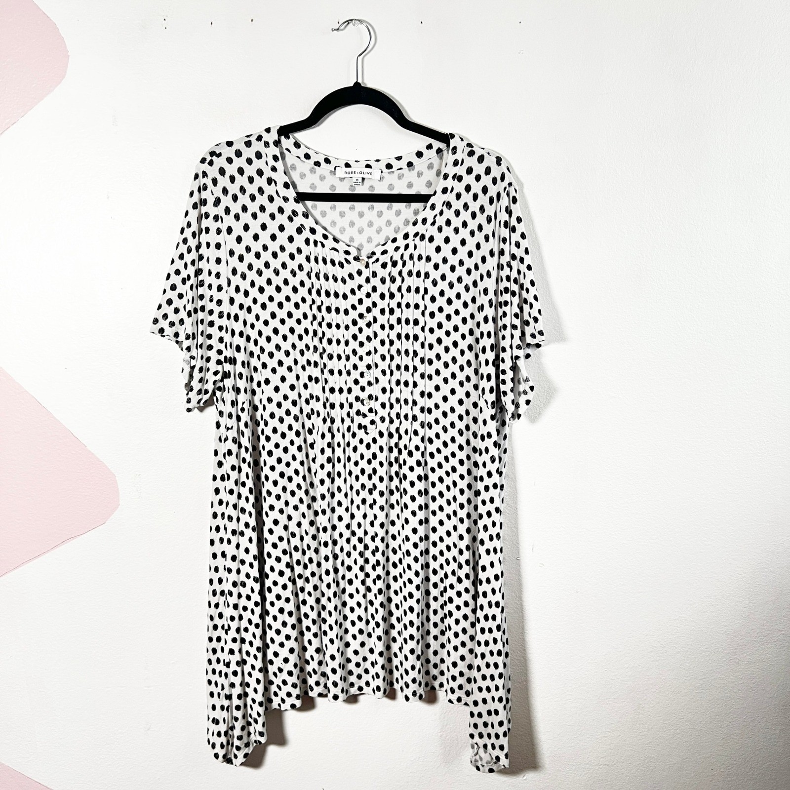 Rose + Olive Top Womens 2X Polka Dot Pintuck Button Front Tunic Top