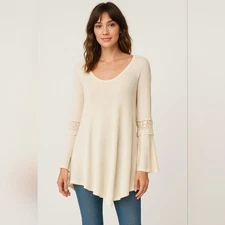 Boho Cream Waffle Knit Bell Sleeve Top with Crochet Lace Detail – Size XL