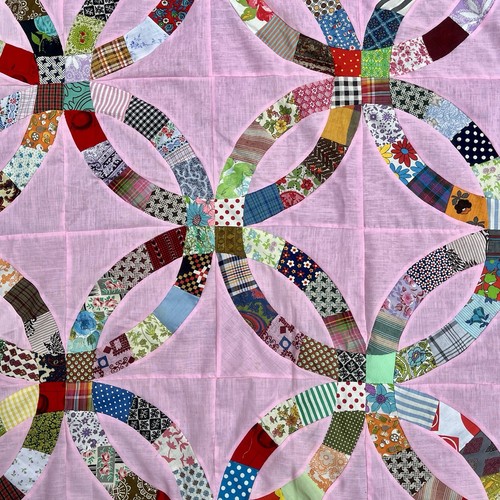 Vintage Doppel Ehering Quilt Top Rosa Blumen Handgenäht 91X74 Selbstgemacht - Bild 6 von 18