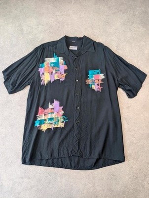Berto Lucci Vintage Shirt Men s XL Black Short Sleeve Italian Abstract Festival