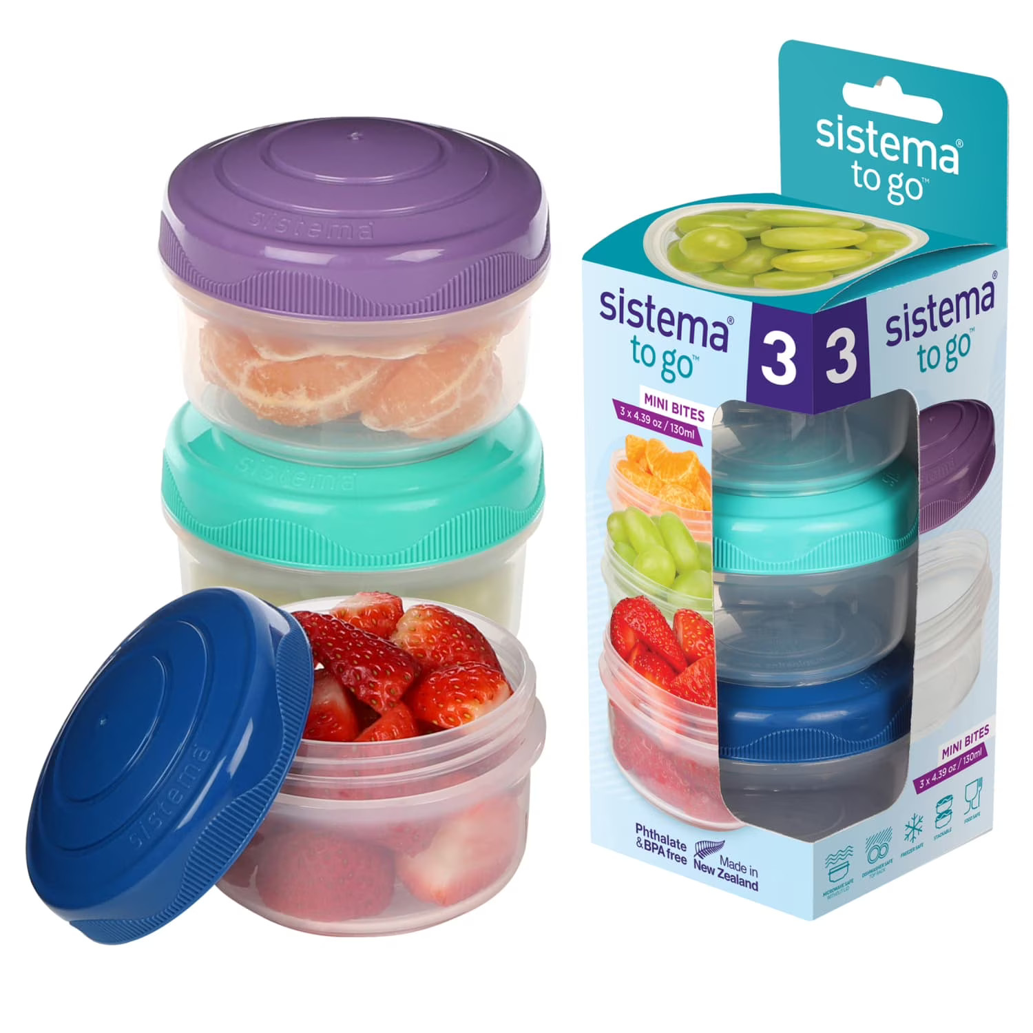 Sistema To Go Round Mini Bites 3-Pack BPA-Free Food Storage Containers