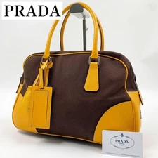 Prada Triangle Logo Leather Boston Bag Brown Yellow Authentic Excellent Conditi