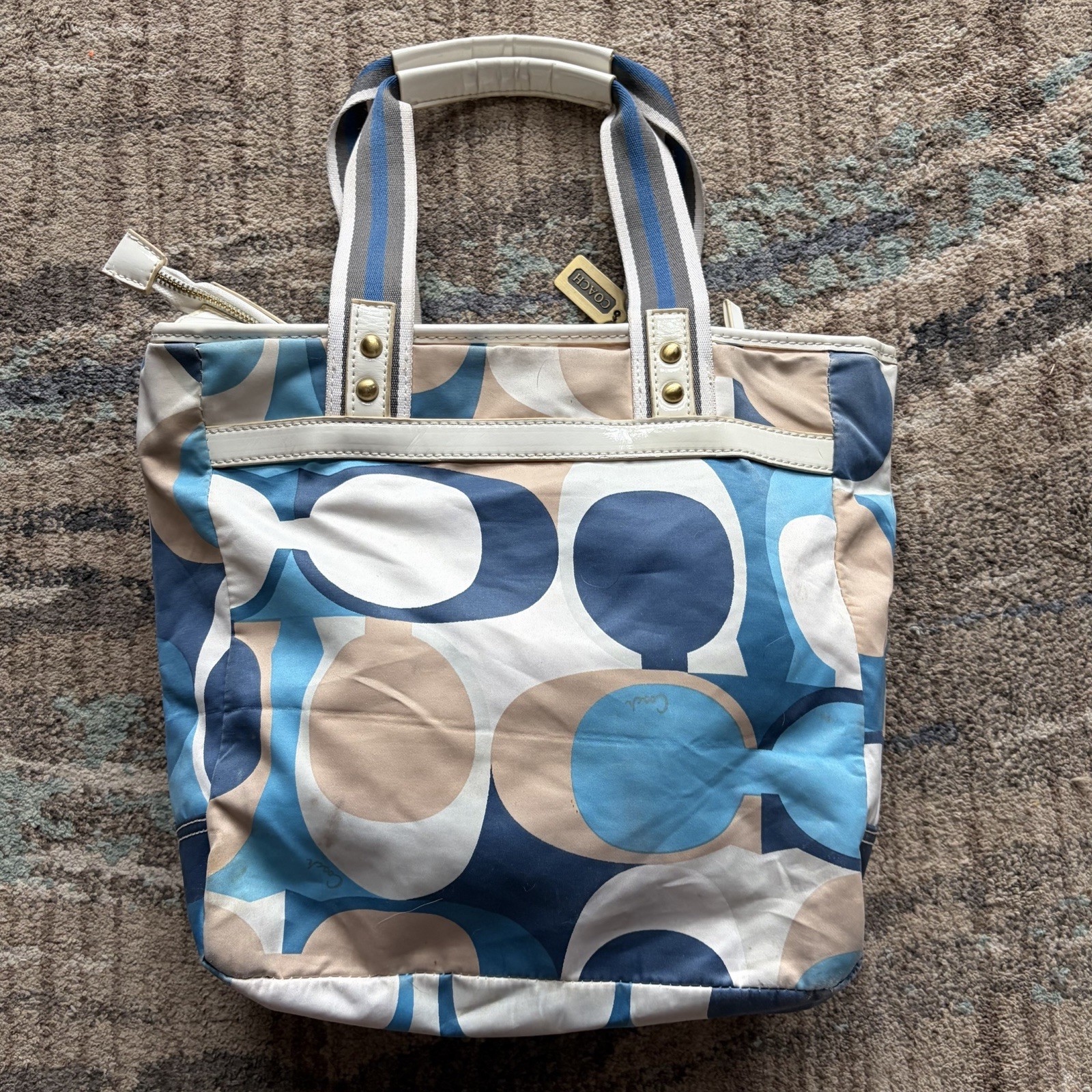 Womens Vintage Y2K Coach Hamptons Weekend Scarf Print Blue White Signature Purse image 3