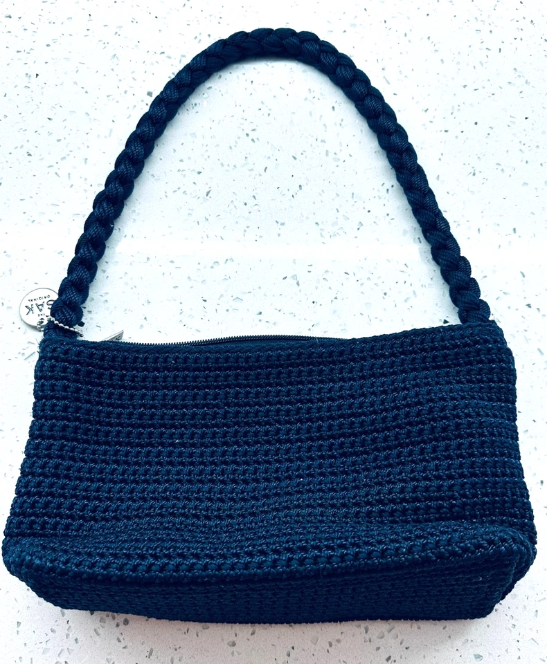The Sak Navy Crochet Bag Boho Hobo Satchel Short Braided Handle Silver Accents - Image 3 of 4