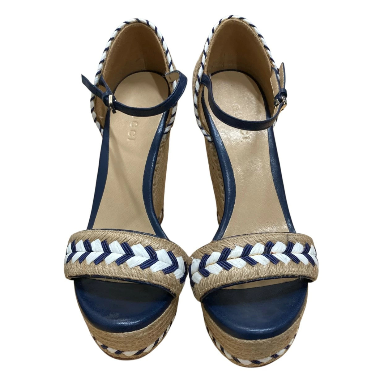 GUCCI Wedge Sole Heel Sandals Khaki x Navy Size: 35
