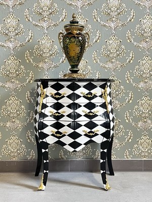French Nightstand Art Decor Chest of Drawer Handmade in Black Diamond Print Gold