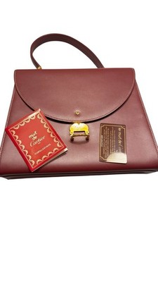 Must de Cartier Bordeaux Authentic Top Handle Flap Handbag Red Gold Turn Lock