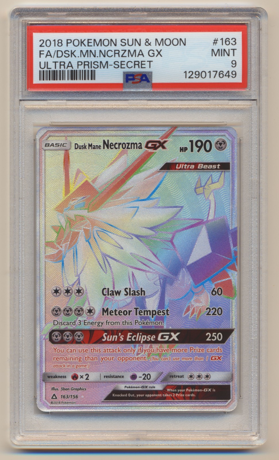 PSA 9 Pokemon Ultra Prism Dusk Mane Necrozma GX 163/156 MINT Condition!